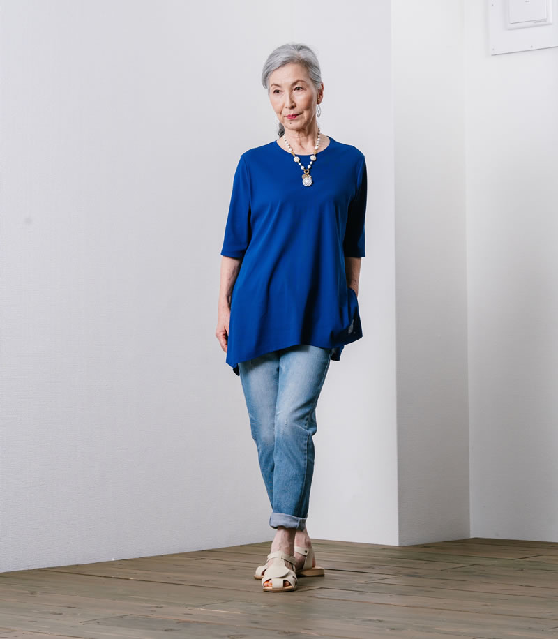 60代ファッションコーディネート　レディース　(YOUKAヨウカ）　 レディース　強撚糸フレアチュニック　ブルー
